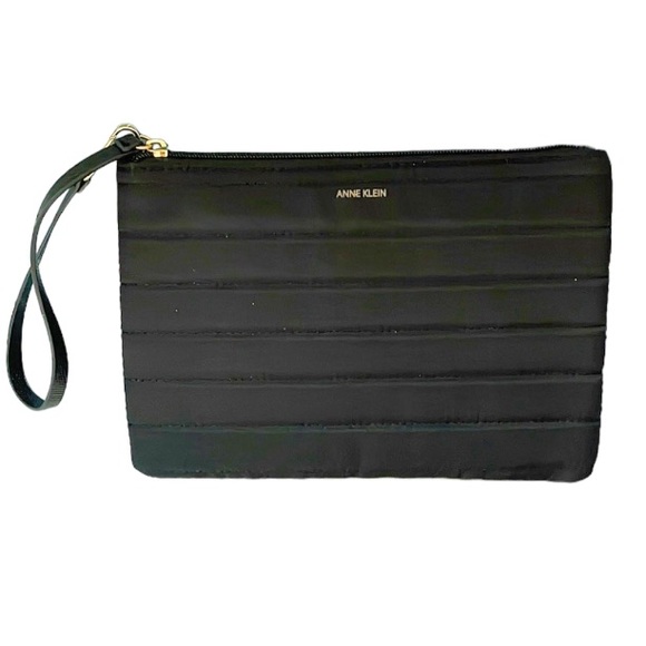 Anne Klein black quilted nylon padded stripe clutch wristlet bag one size - Picture 1 of 9